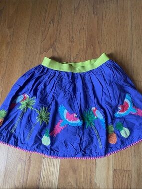 Mini Boden Royal Blue Skirt with Lime Green Waistband and Tropical Embroidery